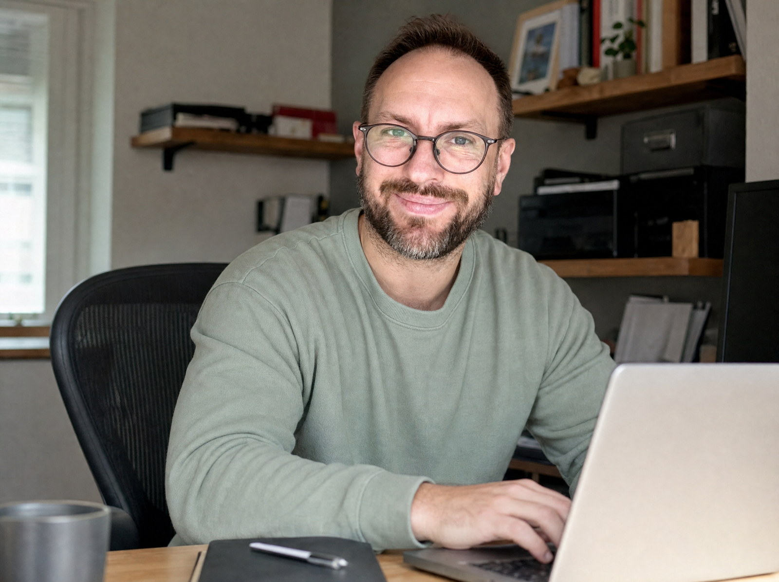 Philipp Thiel am Schreibtisch bei der Arbeit an einer Website